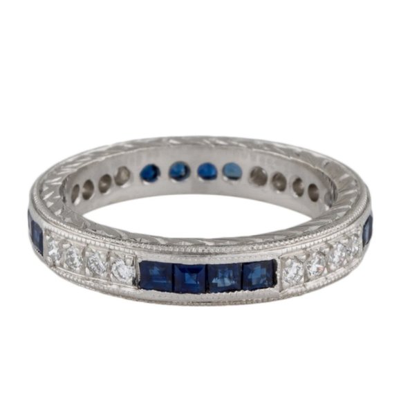 PLATINUM SAPPHIRE & DIAMOND ETERNITY BAND RING - Picture 4 of 8